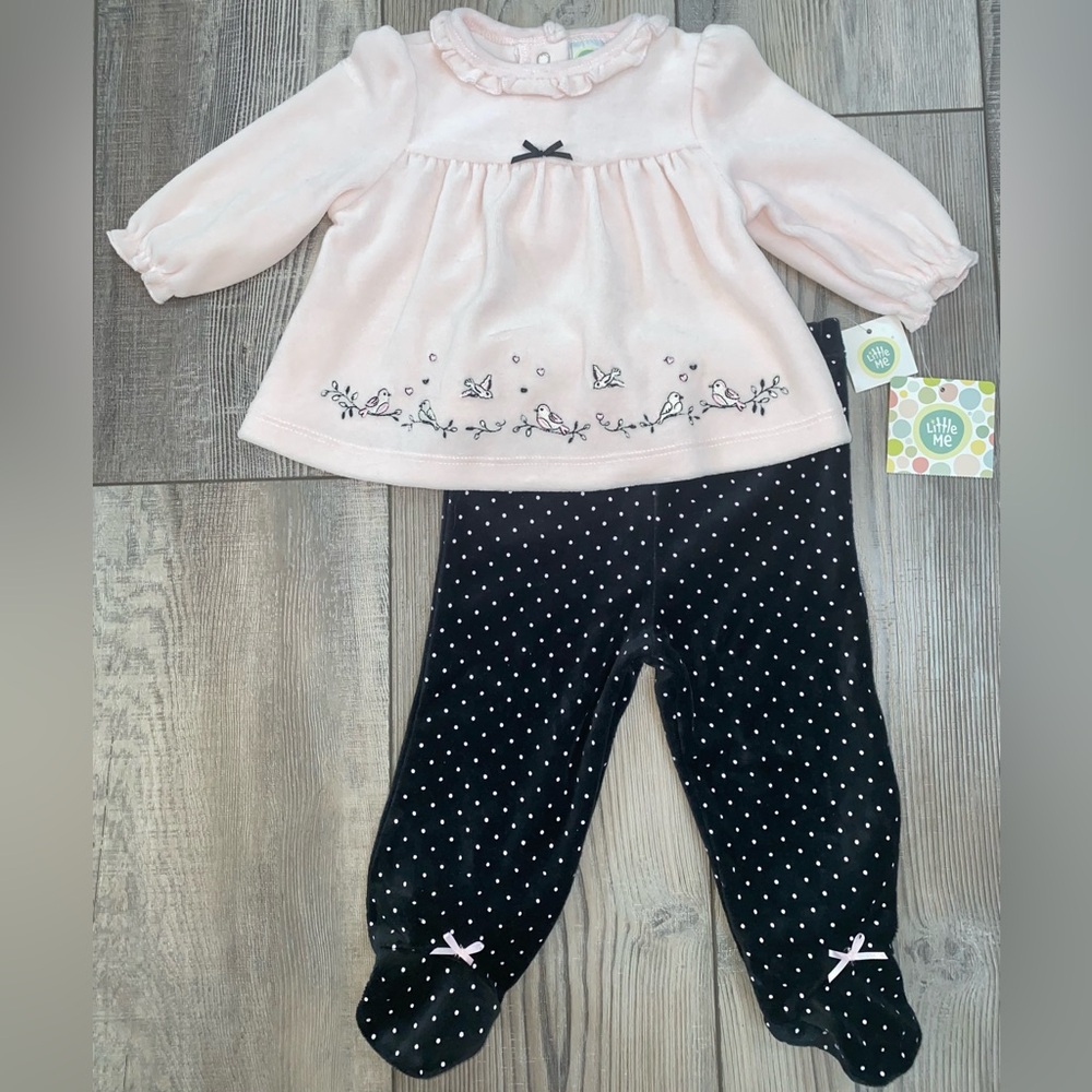 NWT Little Me Baby Girl Love Bird Soft Pink Black Polka Dot Velour Pant Set 6M